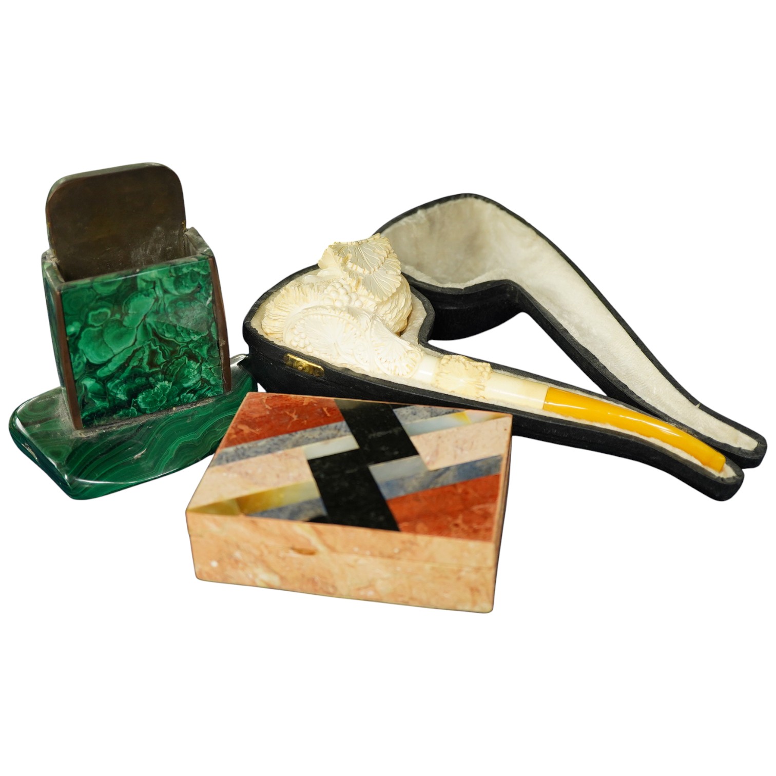 A cased Meersham pipe, a malachite pen rack and an Art Deco mineral box
